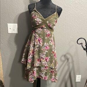 Olive Green Floral Spaghetti-Strap Dress